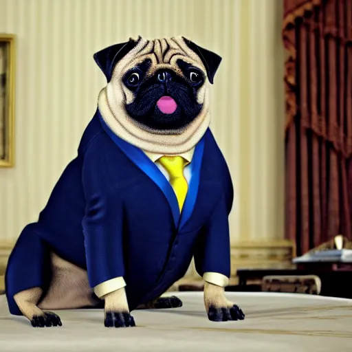 Image similar to a pug president of the usa. president of the us. in the oval. formal. beautiful. high resolution. highly realistic. close - up.