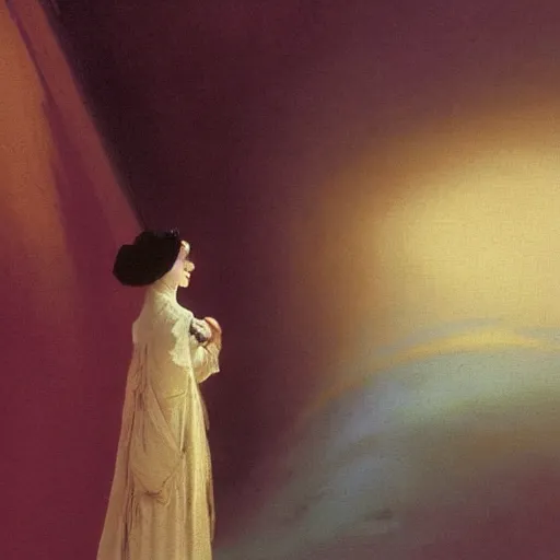 Image similar to a young woman's face, her hair is white and she wears an indigo blue satin cloak, by ivan aivazovsky and syd mead and moebius and gaston bussiere and roger dean and pieter claesz and paul delaroche and alma tadema and aelbert cuyp and mort kunstler, hyperrealistic, volumetric light, octane render