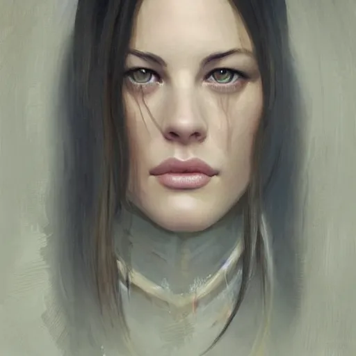 Image similar to a professional painting of a young Liv Tyler, clothes in military armor, olive skin, long dark hair, beautiful bone structure, symmetrical facial features, intricate, elegant, digital painting, concept art, smooth, sharp focus, illustration, from StarCraft by Ruan Jia and Mandy Jurgens and Artgerm and William-Adolphe Bouguerea”