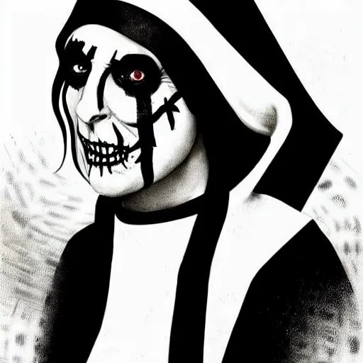 Image similar to graphic illustration, creative design, a nun as alice cooper, biopunk, francis bacon, highly detailed, hunter s thompson, concept art