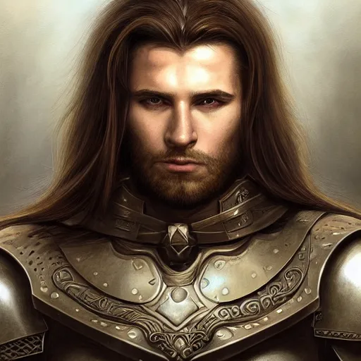 Image similar to portrait, handsome long - haired male fantasy paladin, blond, rpg game, stern expression, main character, highly detailed, digital painting, artstation, concept art, smooth, sharp focus, illustration, artgerm, tomasz alen kopera, peter mohrbacher, donato giancola, joseph christian leyendecker, wlop, frank frazetta