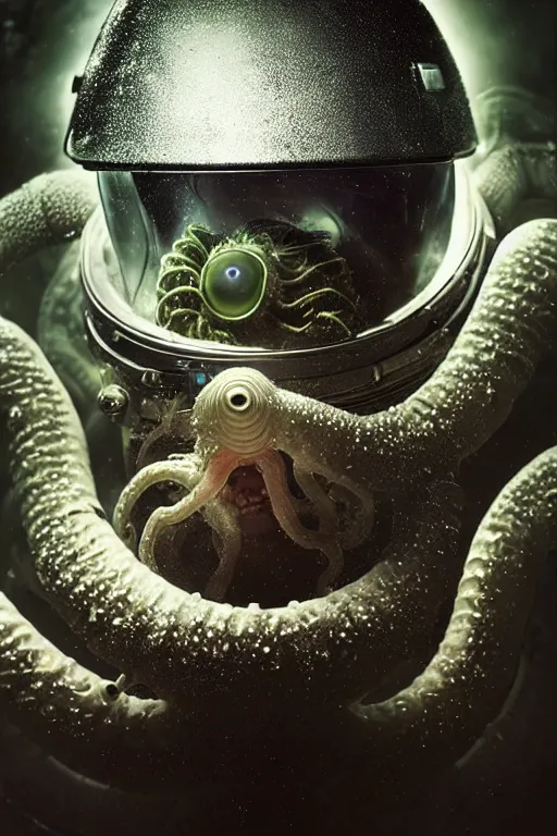 Image similar to extremely detailed studio portrait of space astronaut, alien tentacle protruding from eyes and mouth, slimy tentacle breaking through helmet visor, shattered visor, full body, soft light, disturbing, shocking realization, award winning photo by michal karcz and yoshitaka amano
