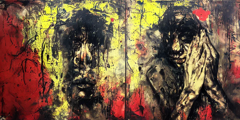 Prompt: single runner hiding his face with hands, fast, medium shot, melting, painted by Eugene Delacroix, Adrian Ghenie, 8k, Peter Doig, Antoni Tapies, textured oil paint, black melting paint drips all over