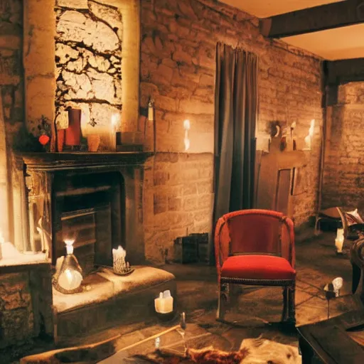 Prompt: A photograph of the Gryffindor common room, cozy arm chairs, a fire burning in the hearth, high ceilings, lit by many candles, light rays, magic aura, bloom, mysterious, a bat kitten sits there