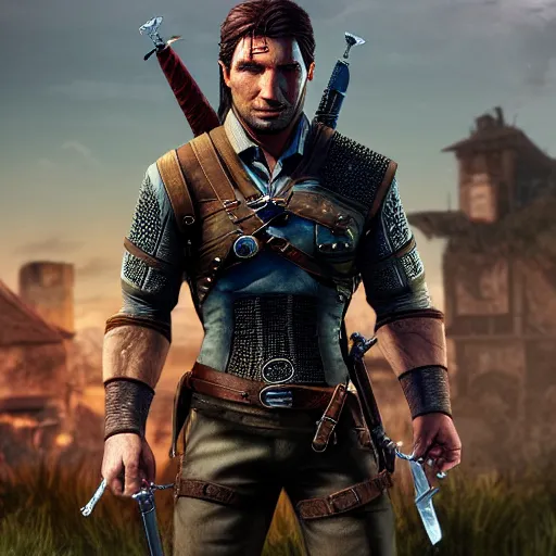 Image similar to nathan drake!!! as the witcher, the witcher 3, geralt of rivia