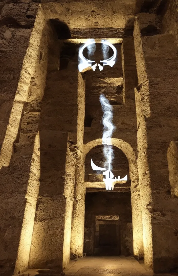 Prompt: punisher symbol is giant arching entrance and pillars in the form of the punisher icon into ancient egyptian temple with luminous smoke and light rays.