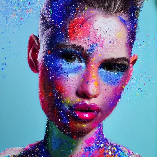 Image similar to hyperrealism oil painting, fashion model portrait, covered in colorful sprinkles