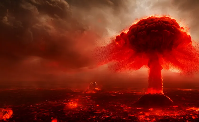 Image similar to thermonuclear explosion of blood with a huge crimson mushroom cloud, cinematic shot, dramatic volumetric lighting, epic composition, 4K Ultra HD