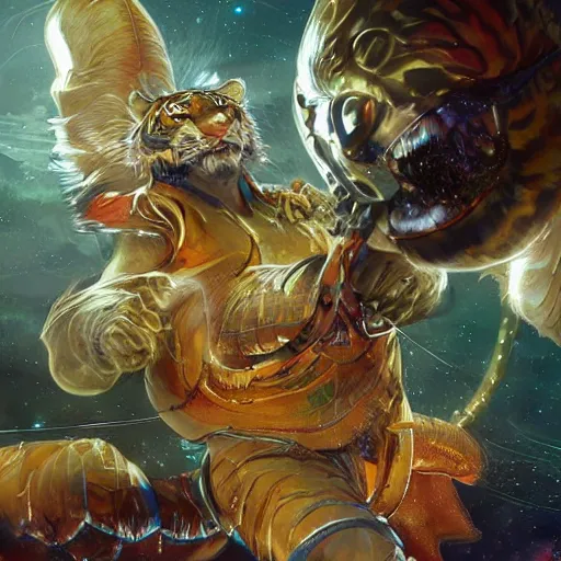 Image similar to an aesthetic award winning commission of a male anthro tiger singing on a spaceship,digital art,art by greg rutkowski,ross tran,character design by charles bowater,artgerm,hyperdetailed body,detailed face,beautiful,artstation,deviantart,stylish,space themed