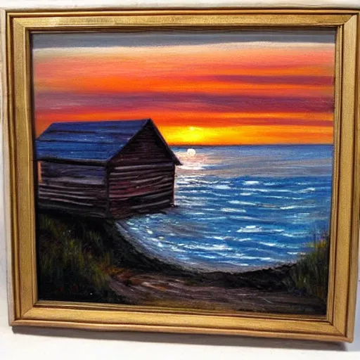 Prompt: sunset over a wooden cabin on the coast in the distance, sea, oil painting, very detailed, colorful