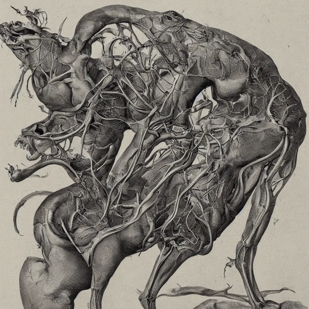 Image similar to anatomical engraving of an unknown specie, anatomical study of animal hybrids from another universe