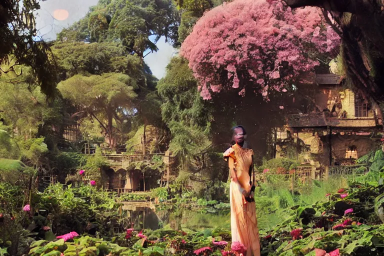 Image similar to illustration of elegant black woman watching spacecraft land in garden of stately home, flowers, baobab trees, distant town in valley and hills, by norman rockwell, jack kirby, john berkey, bergey, craig mullins, ruan jia, raymond swanland, jeremy mann, beksinski, tom lovell, alex malveda, schomburg