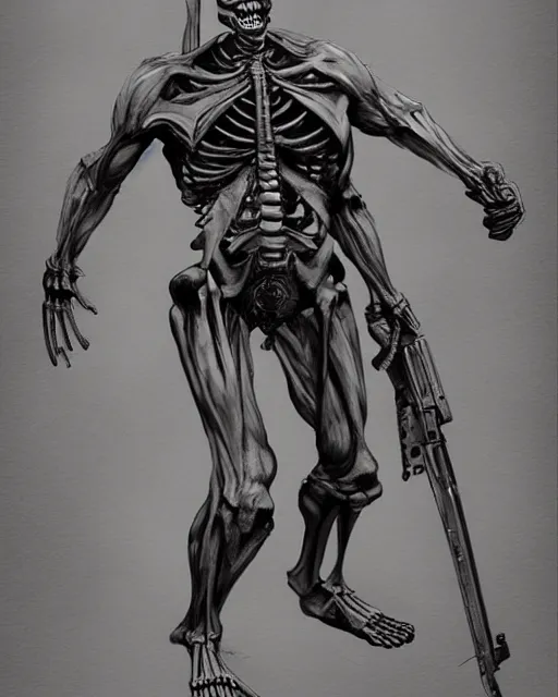 Image similar to rambo exposed to radiation and became skeleton, full body, concept art, high detailed, fine art, trending on artstation, smooth draw, sharp focus.