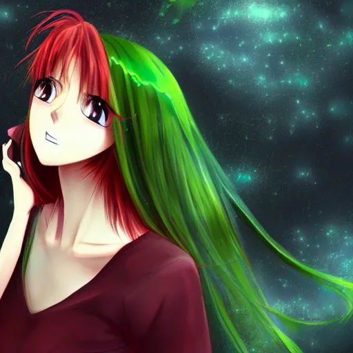 Image similar to anime infp girl with red hair and green eyes, with a bright smile, dreamy, very atmospheric, intricate, hyper detailed digital art