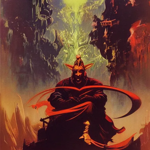 Prompt: book cover of wizard surrounded by crt televisions pvm oil on canvas by frank frazetta