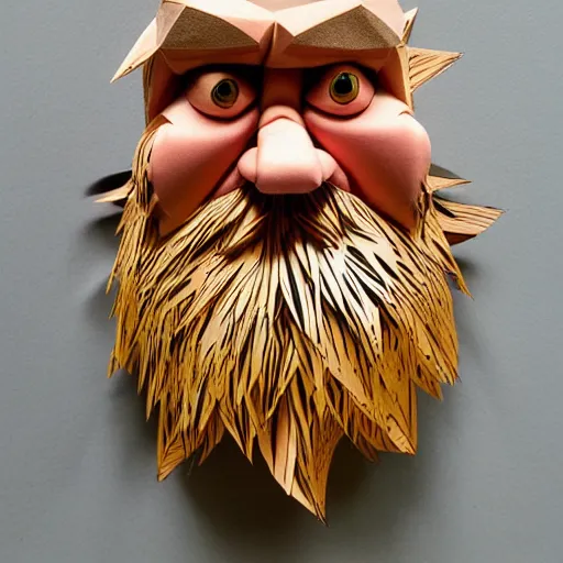 Prompt: cut paper sculpture of grumpy dwarf