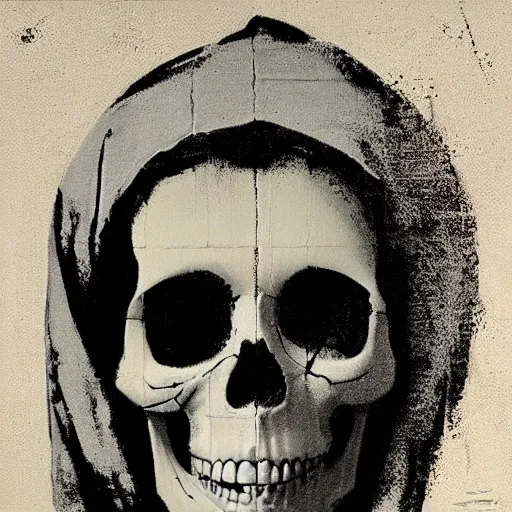 Image similar to painting of the virgin mary skull face by greg rutkowski and andy warhol