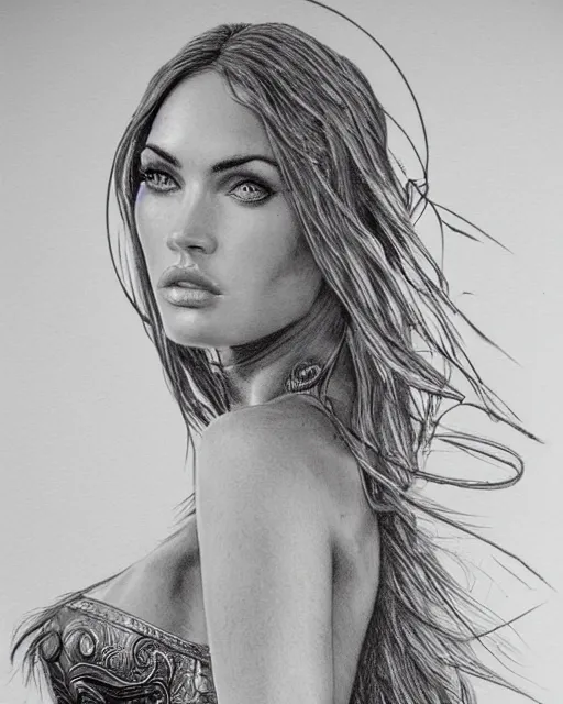 Image similar to pencil drawing of beautiful megan fox as greek goddess aphrodite, archer warrior, sagittarius tattoo, beautiful piercing eyes, flowing blonde hair, realistic face, hyper realistic, in the style of greg rutkowski, fantasy, amazing detail, epic, intricate, elegant, smooth, sharp focus