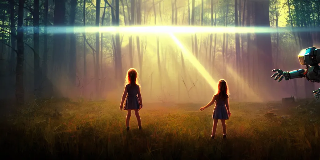 Image similar to sci - fi scene future new york, little girl alone holding onto the outstretched hand of a giant robot, forest punk, little girl meets robot, crepuscular rays, epic scene, hyper realistic, photo realistic, overgrowth, cinematic atmosphere, ethereal lighting,