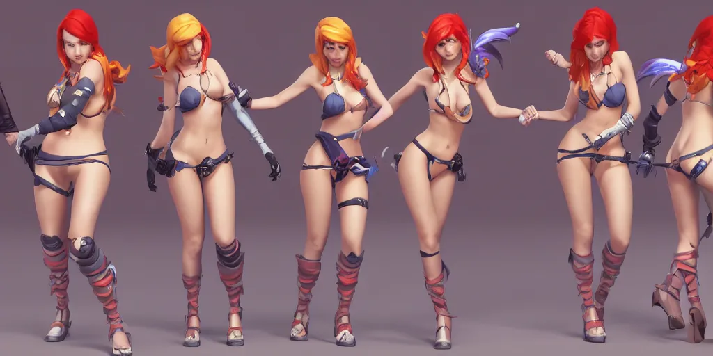 Image similar to Character sheet of pool party miss fortune (League of Legends). 3d, unreal engine 5, trending on artstation