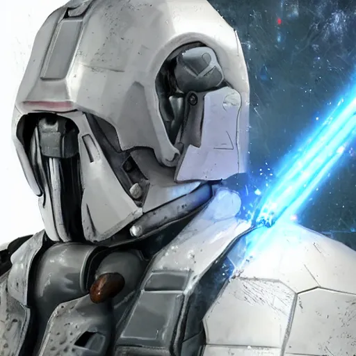 Image similar to close up photograph of an old man who is a veteran of many futuristic wars with short gray hair and blue eyes. he is wearing a white futuristic suit of heavy combat armor and holding a blaster in one hand and a plaster plazma - proof shield in the other. riding a white armored motorcycle charging into enemy lines while firing plasma bolts. scifi