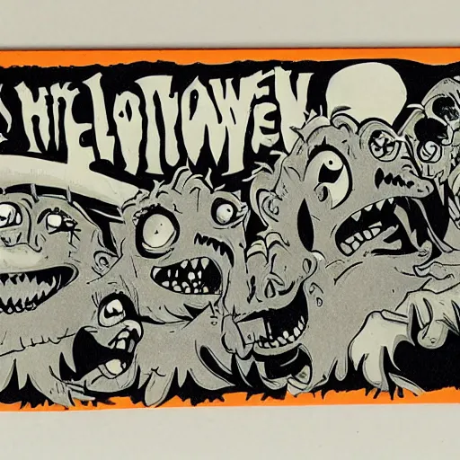 Prompt: inkwash cartoon monster squad, retro halloween postcard, retro cartoon