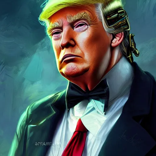 Image similar to donald trump as a steampunk cyborg, portrait, western, steampunk, duster, fantasy, intricate, elegant, highly detailed, digital painting, artstation, concept art, sharp focus, illustration, art by artgerm and greg rutkowski and alphonse mucha