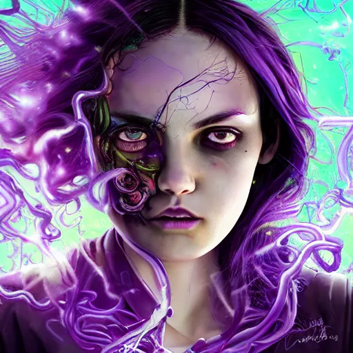 Image similar to detailed photo portrait of a furious teen girl with thin, hair-like purple tentacles on her head and bright purple eyes, 8k,by tristan eaton, Stanley Artgermm,Tom Bagshaw,Greg Rutkowski,Carne Griffiths,trending on DeviantArt, face enhance,hyper detailed ,full of colour, dramatic lightning