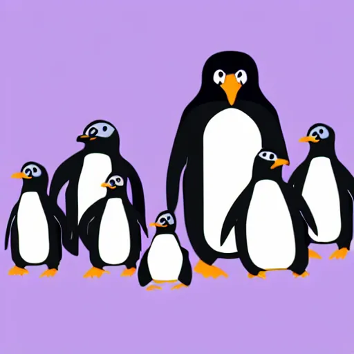 Image similar to A children's cartoon illustration using blues and purples, of a penguin family, a mom penguin, dad penguin, an older sister penguin and a baby brother penguin, highly detailed