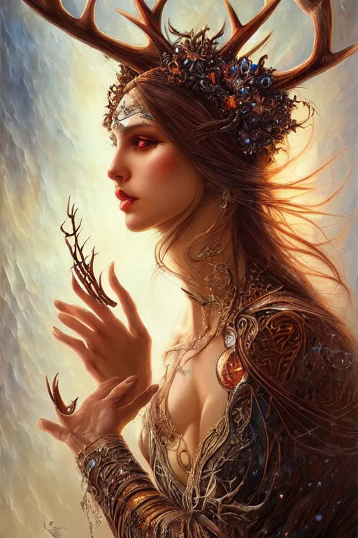 Image similar to a female sorceress with antlers by karol bak and vargas, beautiful detailed eyes, cute, fantasy, intricate, elegant, highly detailed, digital painting, 4 k, hdr, concept art, detailed jewelry, smooth, sharp focus, illustration, art by artgerm