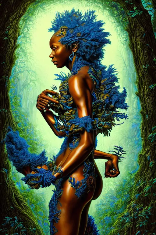 Image similar to hyperrealistic post-rococo super expressive! black woman with exoskeleton armor, merging with tree in a forest, highly detailed digital art masterpiece smooth cam de leon hannah yata dramatic pearlescent blue teal light ground angle hd 8k sharp focus