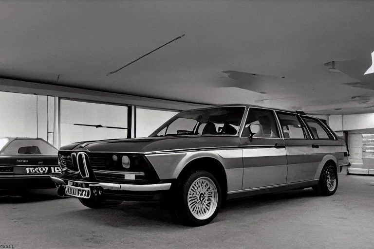 Image similar to BMW wagon estate, inside of an badly lit 1970s dealership, ektachrome photograph, volumetric lighting, f8 aperture, cinematic Eastman 5384 film