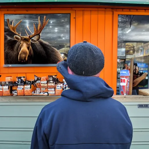 Image similar to a moose with an orange hoodie and antlers selling coffee at a stand in peterborough new hampshire, realistic, 8 k