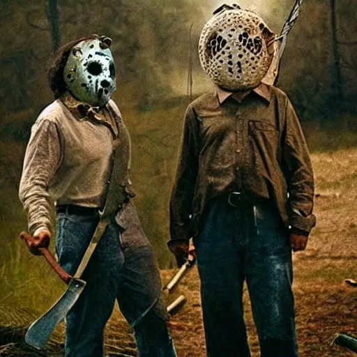 Prompt: Leatherface and Jason voorhees in a Wes Anderson style horror movie