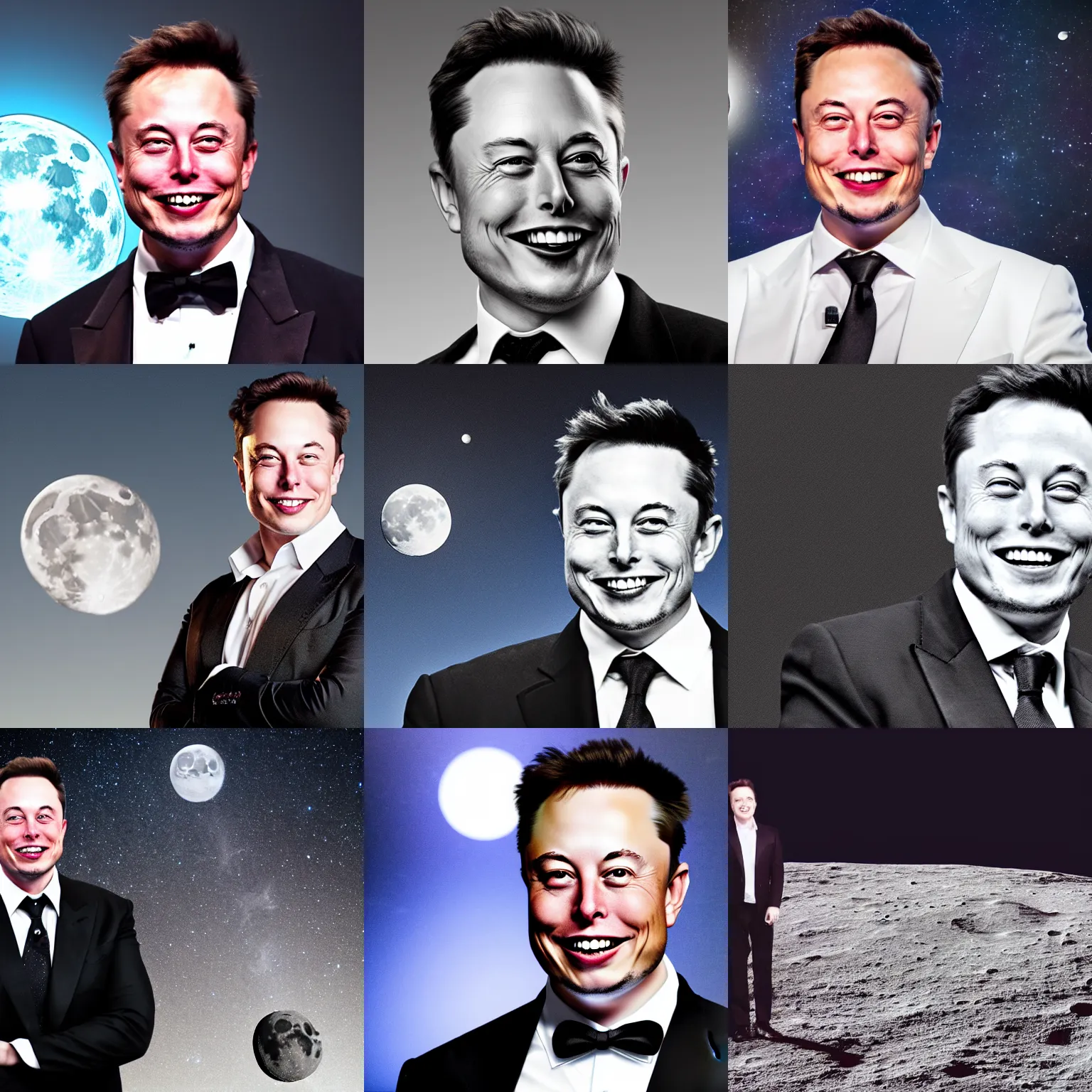 Prompt: a photograph of a younger elon musk smiling in a suit, black background with waxing gibbous moon, photograph, photorealistic