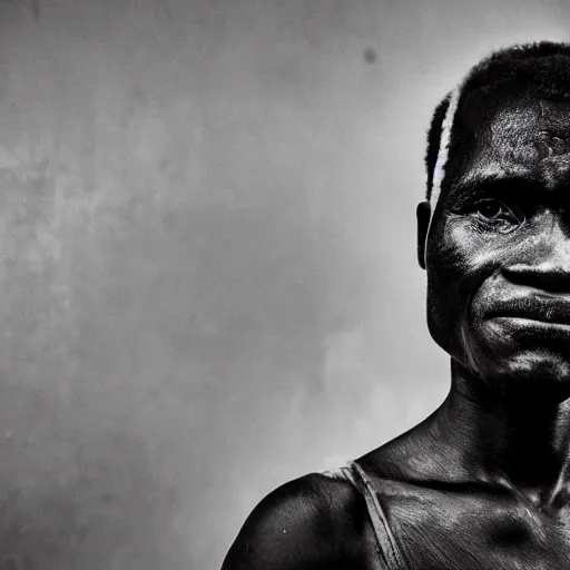 Image similar to black and white photo, portrait of Congo mineworker by Stephan vanfleteren, realistic, Leica, medium format, cinematic lighting, parallax, high resolution,