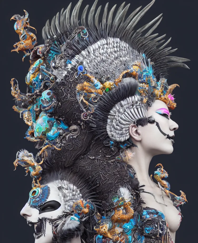 Image similar to 3 d goddess close - up profile portrait punk with mohawk with ram skull. beautiful intricately detailed japanese crow kitsune mask and clasical japanese kimono. betta fish, jellyfish phoenix, bio luminescent, plasma, ice, water, wind, creature, artwork by tooth wu and wlop and beeple and greg rutkowski