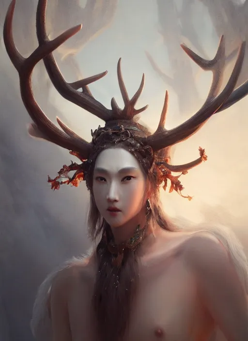 Image similar to Gigantic Deity with antlers and a white face, translucent amulets, extremly detailed oil painting, subsurface scattering, in the style of Fenghua Zhong and Ruan Jia and Jeremy Lipking, rim light, beautiful lighting, mystic, 8k, stunning scene, raytracing, octane, trending on artstation