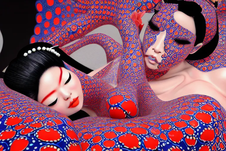 Image similar to hyperrealistic detailed image of a geisha laying in a art installation, high definition pattern design by yayoi kusama, part by kei mieno, part by alex gray, part by ross tran, part by james jean, ultra realistic, highly detailed, life like face, detailed body, 8 k, unreal engine 5, very cohesive