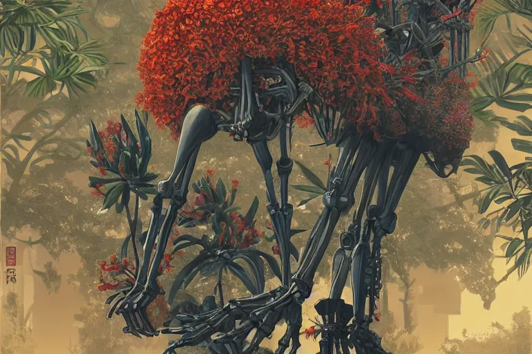 Image similar to 2 d gouache illustration, a lot of exotic vegetation, trees, tremendous skeletal robotic ancient gigantic cat, flowers, oldschool vintage sci - fi flat surreal design, super - detailed, painting by satoshi kon, hd, 4 k, high quality