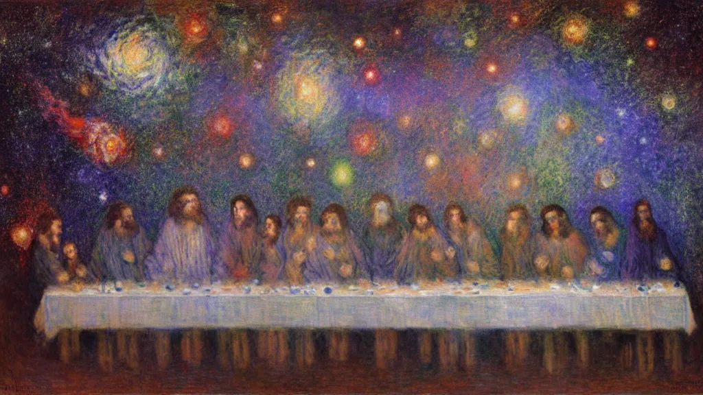 Image similar to the last supper claude monet, space, stars, nebula explosion, milky way, galaxy, galactic, digital art.