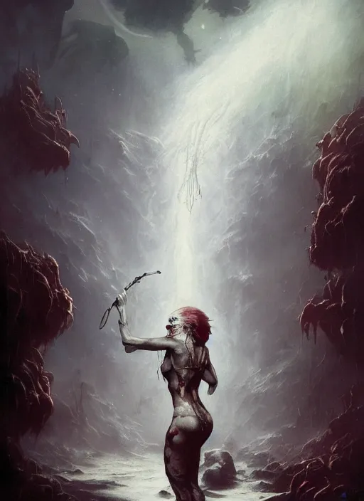 Image similar to shackled in styx river of the underworld, frank frank frazetta and cgsociety, stunning sasquatch, blood splatters, charlie bowater and tom bagshaw, insanely detailed, deviantart, space art, atoms surrounded by skulls, death, and spirits flying, water fall, horror, sci - fi, surrealist painting, by peter mohrbacher