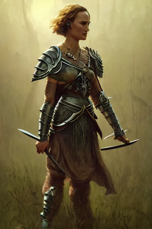 Image similar to natalie portman, legendary warrior, heroic, lord of the rings, tattoos, decorative ornaments, battle armor, by carl spitzweg, ismail inceoglu, vdragan bibin, hans thoma, greg rutkowski, alexandros pyromallis, perfect face, fine details, realistic shading photorealism