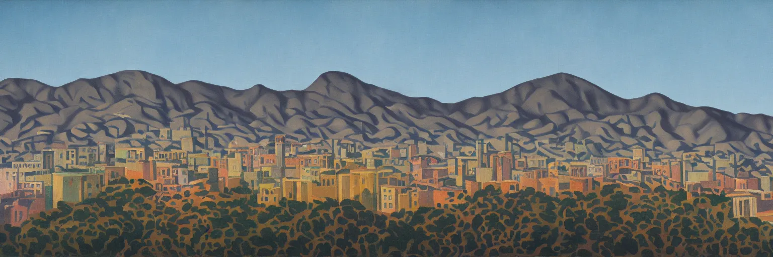 Prompt: hollywood sign cityscape oil painting magritte