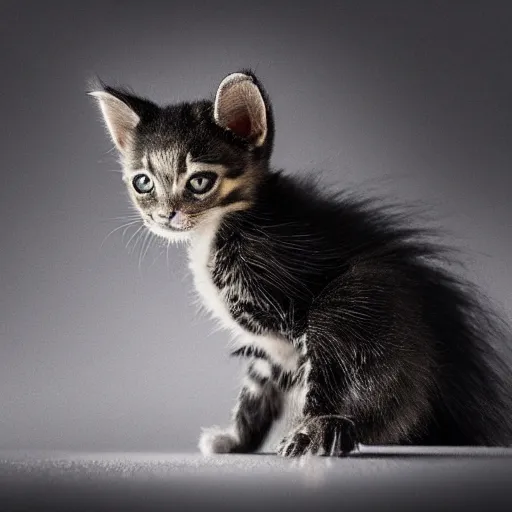 Image similar to full body pose, hyperrealistic photograph of gothic kitten, dim volumetric lighting, 8 k, octane beautifully detailed render, extremely hyper detailed, intricate, epic composition, cinematic lighting, masterpiece, trending on artstation, very very detailed, stunning, hdr, smooth, sharp focus, high resolution, award, winning photo, dslr, 5 0 mm