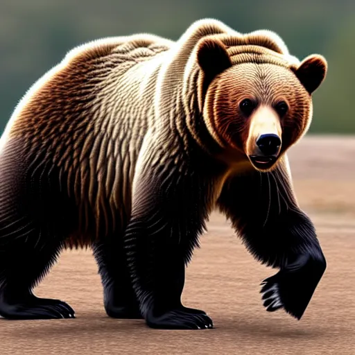 Image similar to a grizzly bear wearing a tuxedo walking on its hind legs, cinematic, realistic