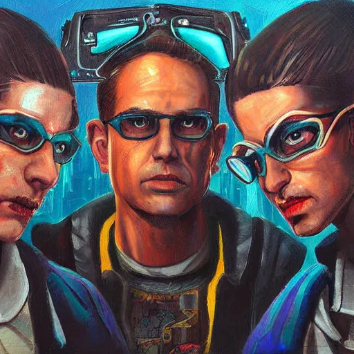 Prompt: portrait of three cyberpunk mobsters, detailed painting