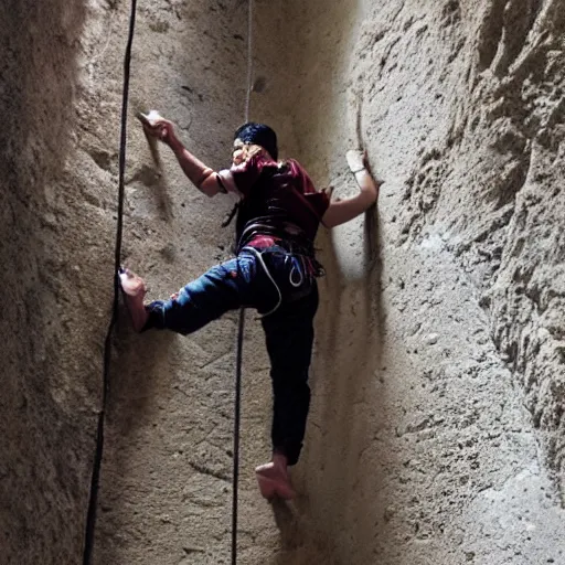 Prompt: action photo of a man in persian attire, climbing the wall of a dungeon