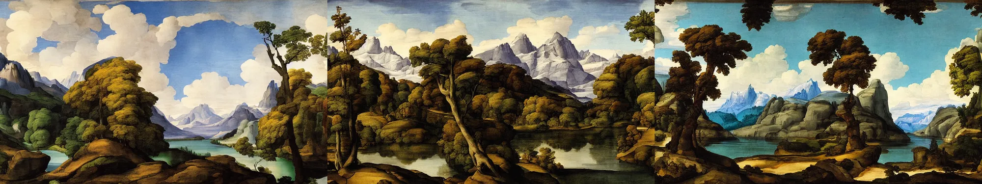 Prompt: mountains, trees, and lake, by michelangelo