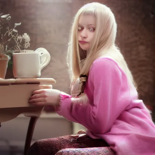 Prompt: russian girl with long blond hair sitting at a pink keyboard holding a cup of tea, beautiful, cinematic dramatic atmosphere